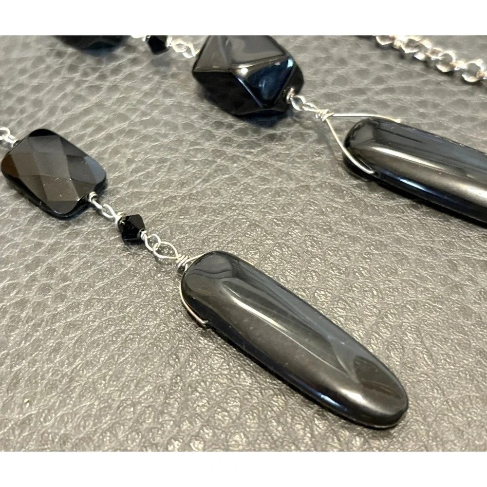 Vintage Black Onyx Glass Beads Sterling Silver Chain 